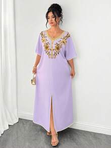 SHEIN Clasi Plus Size Summer Elegant Floral Print Batwing Sleeve Dress - Purple - View 7