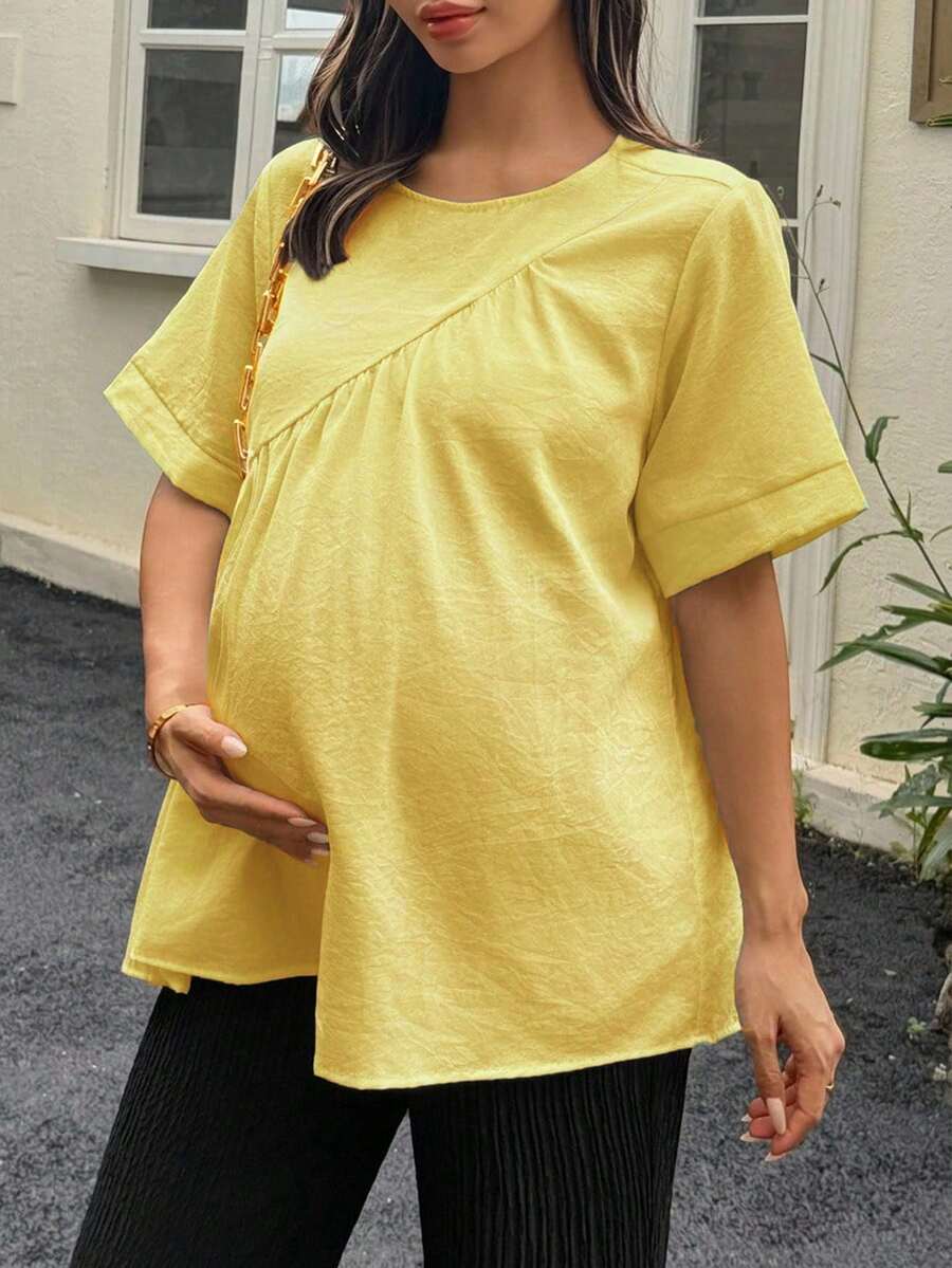 DAZY 白色圓領短袖套頭上衣，百搭春夏日常穿著孕婦襯衫 - 黃色 - 查看 1