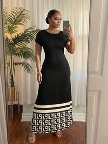 SHEIN Lady CURVE 大尺碼女款圓領拼色休閒派對與旅行洋裝 - 黑色 - 查看 5