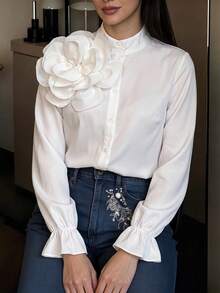SHEIN 青少年女孩優雅校園簡約風 3D 花朵泡泡袖時尚襯衫 秋冬款 - 白色 - 查看 14