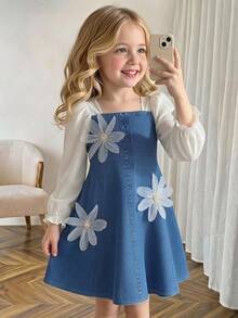 SHEIN 女童幼兒洋裝，附3D花朵飾品，長版泡泡燈籠袖，拼色數位印花，藍色秋季款 - 藍色 - 查看 2