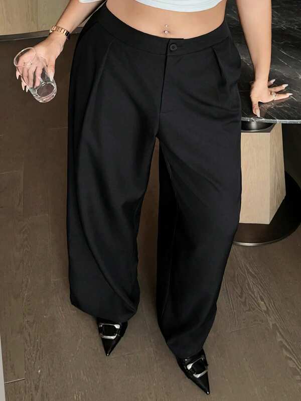 Dazy Plus Plus Size Solid Color Button Pocket Loose Fit Suit Pants, Versatile For Daily, Commute And Business Fall