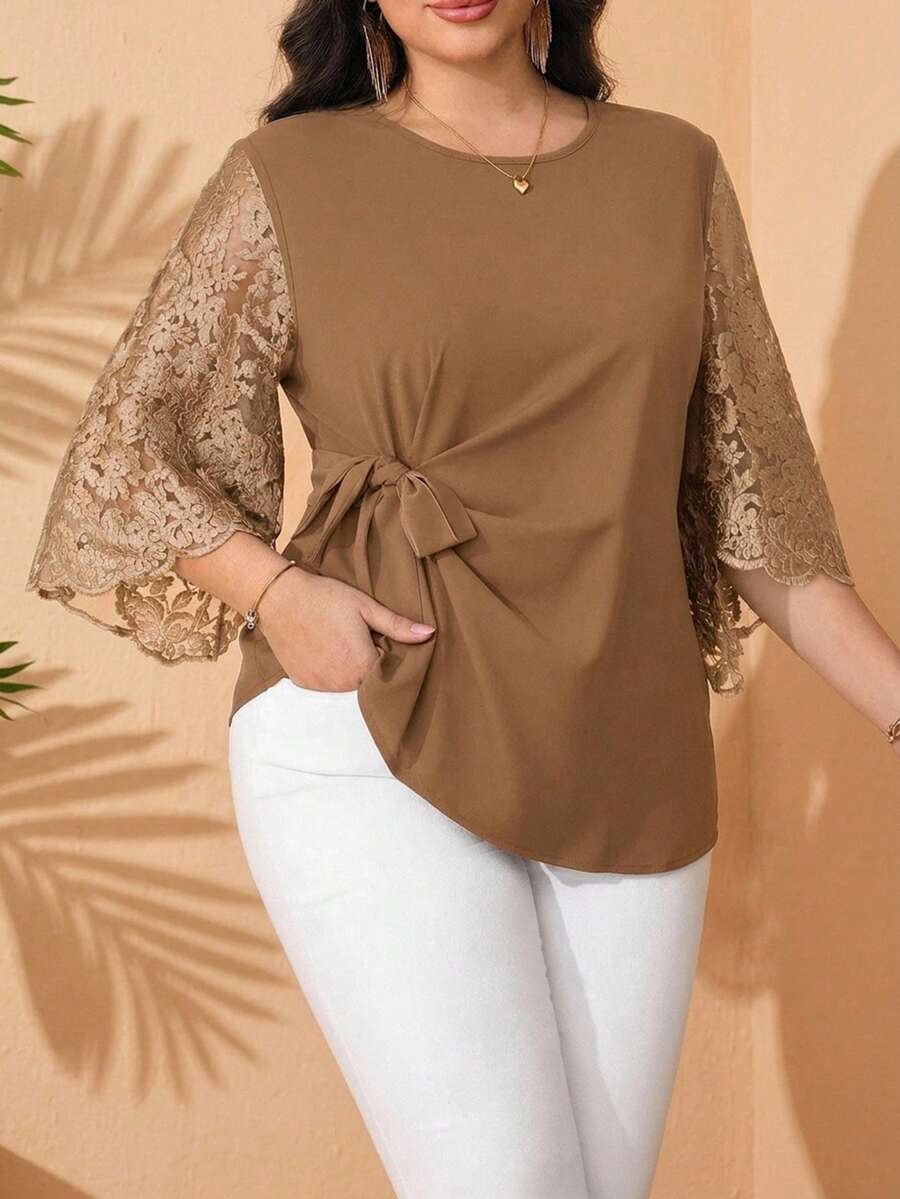 SHEIN Clasi 大尺碼女款緹花短袖側腰打結優雅襯衫 - 棕色 - 查看 1