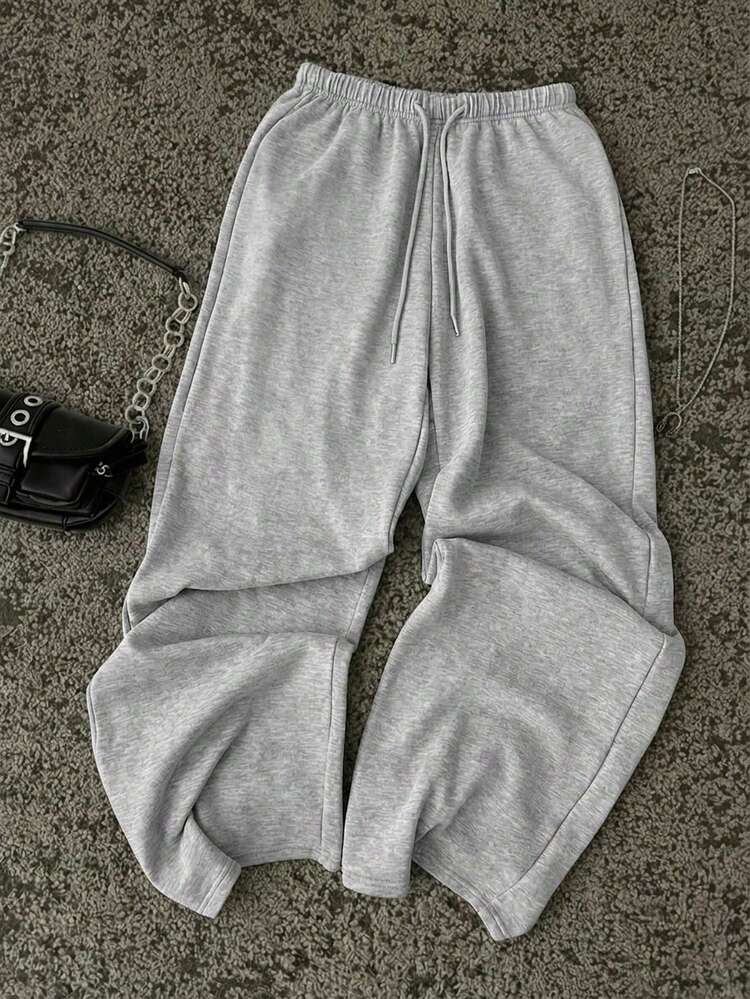 Attitoon 女款秋冬極簡前綁帶寬鬆運動長褲，休閒日常穿著，適合返校季，麻灰色運動街頭風百搭派對機場Y2K上衣，英文字母學院風印花圖案，女款外出夏季 - 淺灰色 - 查看 2