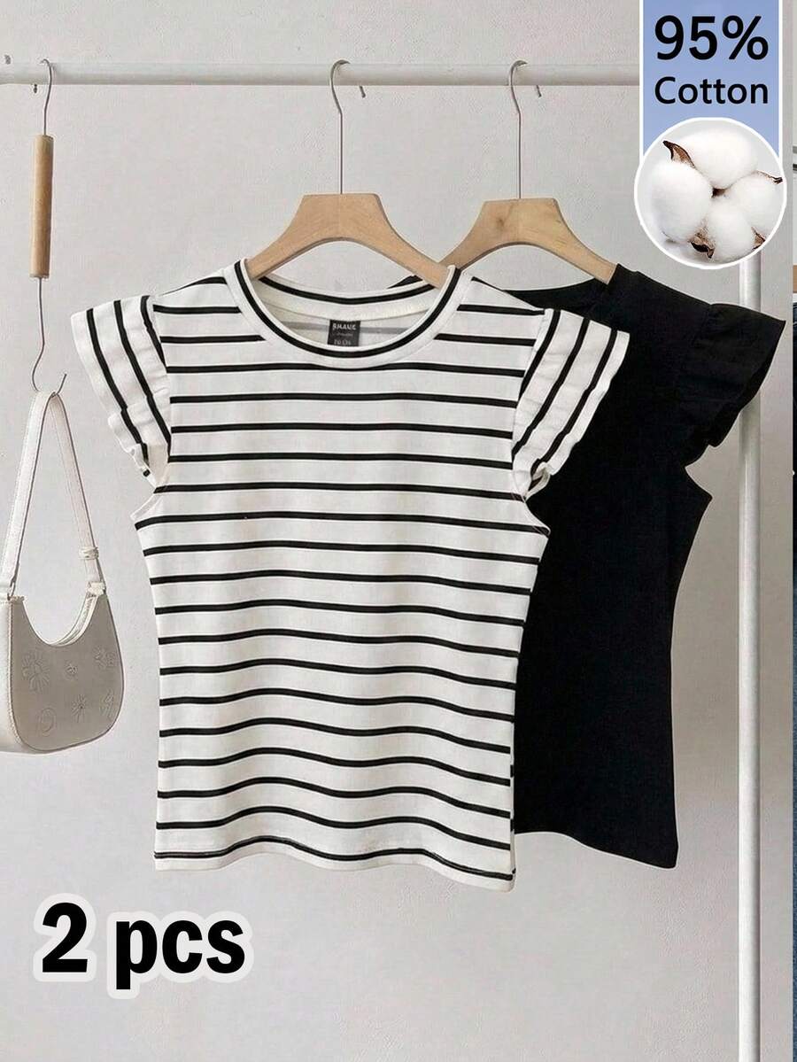 Tseoso 女款 2 件組 95% 棉荷葉袖 T-shirt,白色 + 黑白條紋,優雅復古風,適合上班與約會 - 彩色 - 查看 1