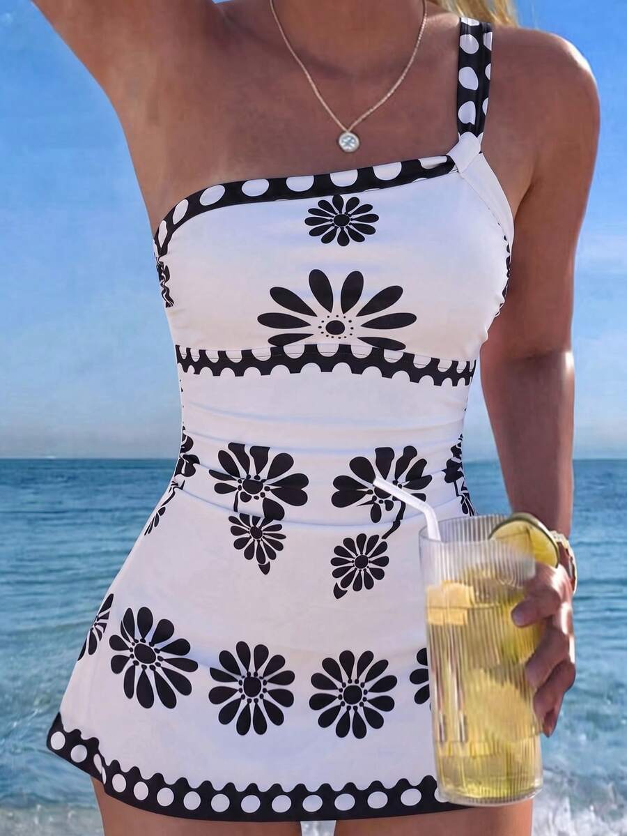 Swim Lushoire Pure Black One Shoulder Twist Front Ruched Waist Minimalist Elegant A-Line Skirt Wireless Removable Padded Women's Vacation Swimsuit Two Pieces - Black and White - View 1