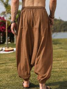 Genlund Plus Size Men's Mature Casual Loose Fit Long Pants, Traceable Cotton Fabric Design - Rust Brown - View 2