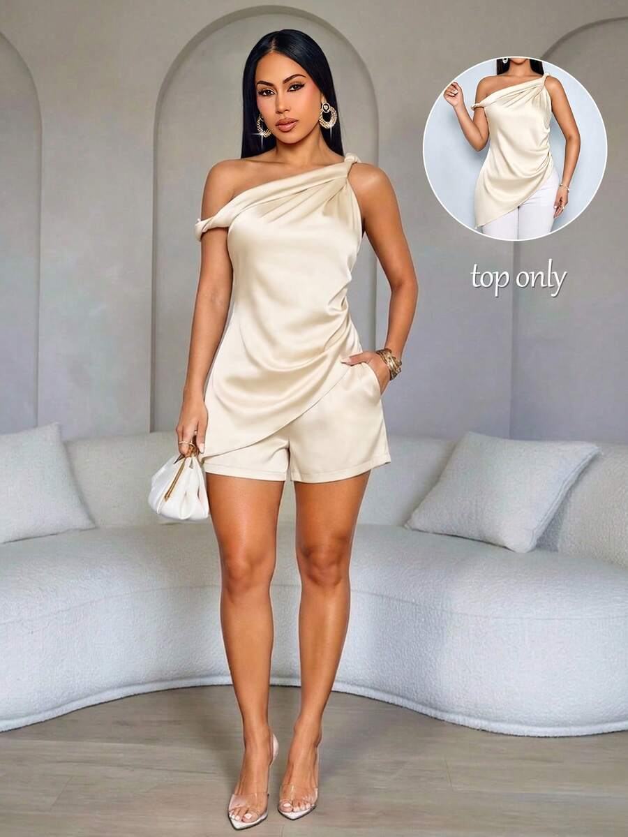 SOLERSUN Women's Summer Satin Asymmetric One Shoulder Twist Knot Ruched Blouse Chic Office Workwear