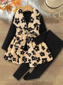 SHEIN Elladie kids Girls 3Pc Floral Plush Vest Jacket Set Winter Holiday Party Outfit Long Sleeve Top & Pants - Multicolor - View 1