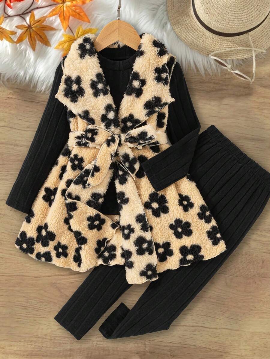 SHEIN Elladie kids Girls 3Pc Floral Plush Vest Jacket Set Winter Holiday Party Outfit Long Sleeve Top & Pants - Multicolor - View 1