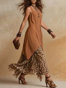 Solivie Women's Retro Boho Vintage Bohemian Leopard Print Dress, Elegant For Summer Holiday, Holiday Vacation Brown Vacation,Dresses For Women Summer Vacation - Brown - View 6
