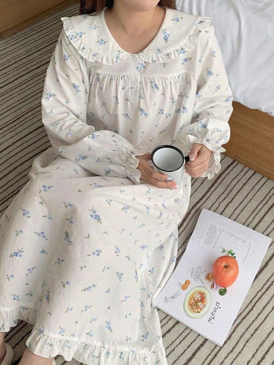 Dazy Plus Ditsy Floral Frill Trim Oversized Collar Sweet Long Sleeve Spring/Autumn New Long Nightgown - White - View 1