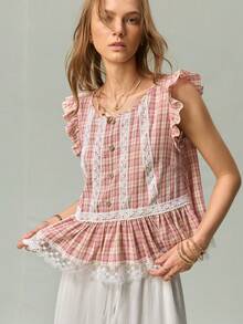 SHEIN Women's Plaid Flutter Sleeve Lace Trim Patchwork Ruffle Button Shirt - Pink - View 3