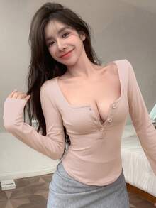 DAZY Solid Button Front Curved Hem Tee,Fall Clothes Long Sleeve Women Tops Cute Tops - Baby Pink - View 3