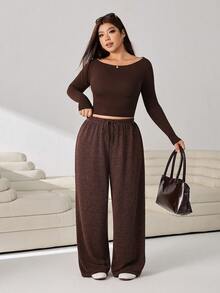 Solflare Plus Size Casual Loose Drawstring Waist Long Pants - Coffee Brown - View 5