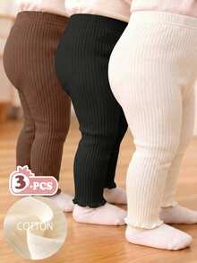SHEIN Vintaside Kids 3件組女嬰緊身褲 粉色與白色條紋 秋季休閒度假 夏季純色棉質褲 簡約甜美風 直筒寬鬆版型 - 咖啡棕 - 查看 4