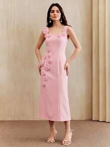 Anewsta Women's Summer Fashion Elegant 3D Floral Sleeveless Spaghetti Strap Fitted Slit Maxi Dress - Pink - View 5