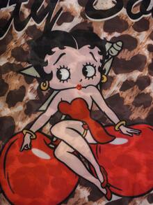 Betty Boop x SHEIN 女款夏季海灘卡通印花掛脖綁帶性感時尚比基尼兩件式泳衣套裝，附豹紋印花罩衫上衣 - 黑色 - 查看 10