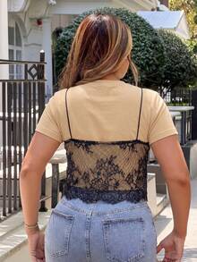 Maria Perezxox Camiseta corta de verano 2 en 1 con patchwork de encaje, cuello redondo, color albaricoque, 95% algodón, top casual de verano - Albaricoque - Ver 2