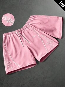PAVTROS Men's Embroidered Drawstring Waist Pocket Casual Shorts For Daily Wear - Pink - View 4