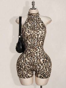 SHEIN ICON 女款豹紋掛脖修身連身褲 - 彩色 - 查看 5