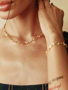 Glisma 18k Gold-Plated Geometric Gemstone Small Fresh Chain Necklace Bracelet (Chain Randomly Cut) - Multicolor - View 7