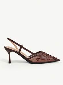 CUCCOO CHICEST 女鞋春夏新款，網布刺繡露跟涼鞋，尖頭細高跟，復古輕熟風，通勤穿搭 - 棕色 - 查看 3