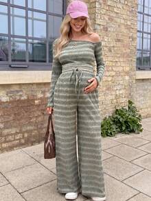 Lyckli Women's Maternity 2-Piece Casual Set: Striped Asymmetric-Neck Long-Sleeve T-Shirt & Drawstring-Waist Pants (Autumn) Fall - Green - View 11