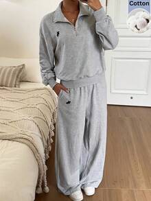 SHEIN EZwear 淺灰色刺繡細節運動衫與運動長褲套裝 - 淺灰色 - 查看 1