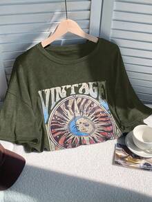 Comfortcana Camiseta holgada de talla grande con estampado de sol en verde, primavera/verano - Verde militar - Ver 5