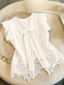 GlowEve French Style Bow Tie Lace Patchwork Fashion Blouse - Apricot - View 1