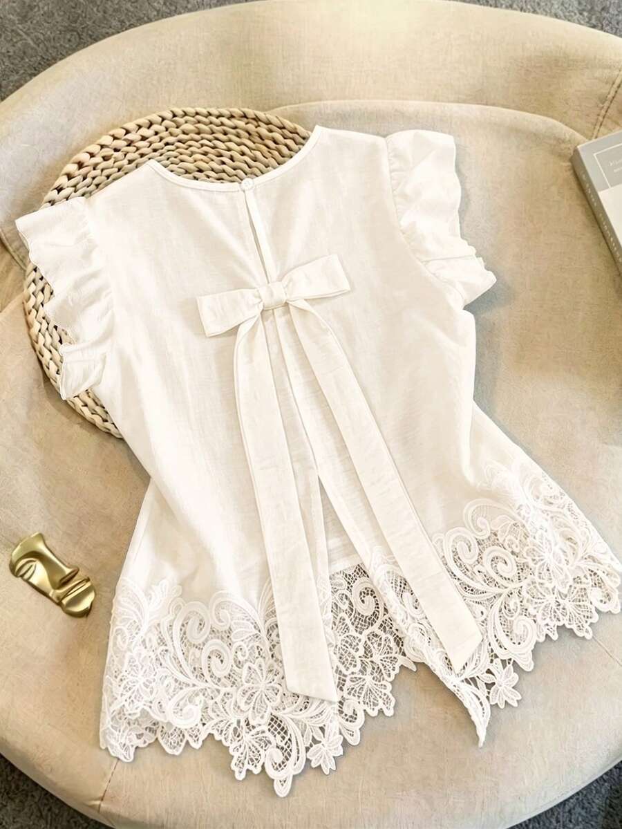 GlowEve French Style Bow Tie Lace Patchwork Fashion Blouse - Apricot - View 1