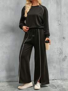 Holdful Holdful 2026 Women's Fashion Comfortable Casual Knit Contrast Color Round Neck Short Sleeve Top + Elastic Waist Wide Leg Slit Long Pants 2 Pieces Set Formal - Black - View 4