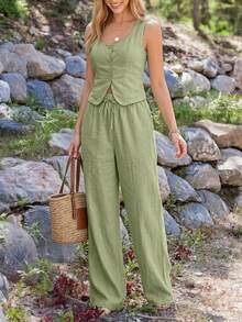 Coeurva Women's Light Green 2 Piece Set Square Neck Sleeveless Slim Fit Relaxed Drawstring Fall Autumn Elegant Refined Walking Earth Tone Mid-Length Summer - Olive Green - View 2