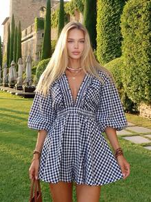 KARISMINA Woven Plaid V-Neck Puff Short Sleeve Women's Jumpsuit - Navy Blue - View 13