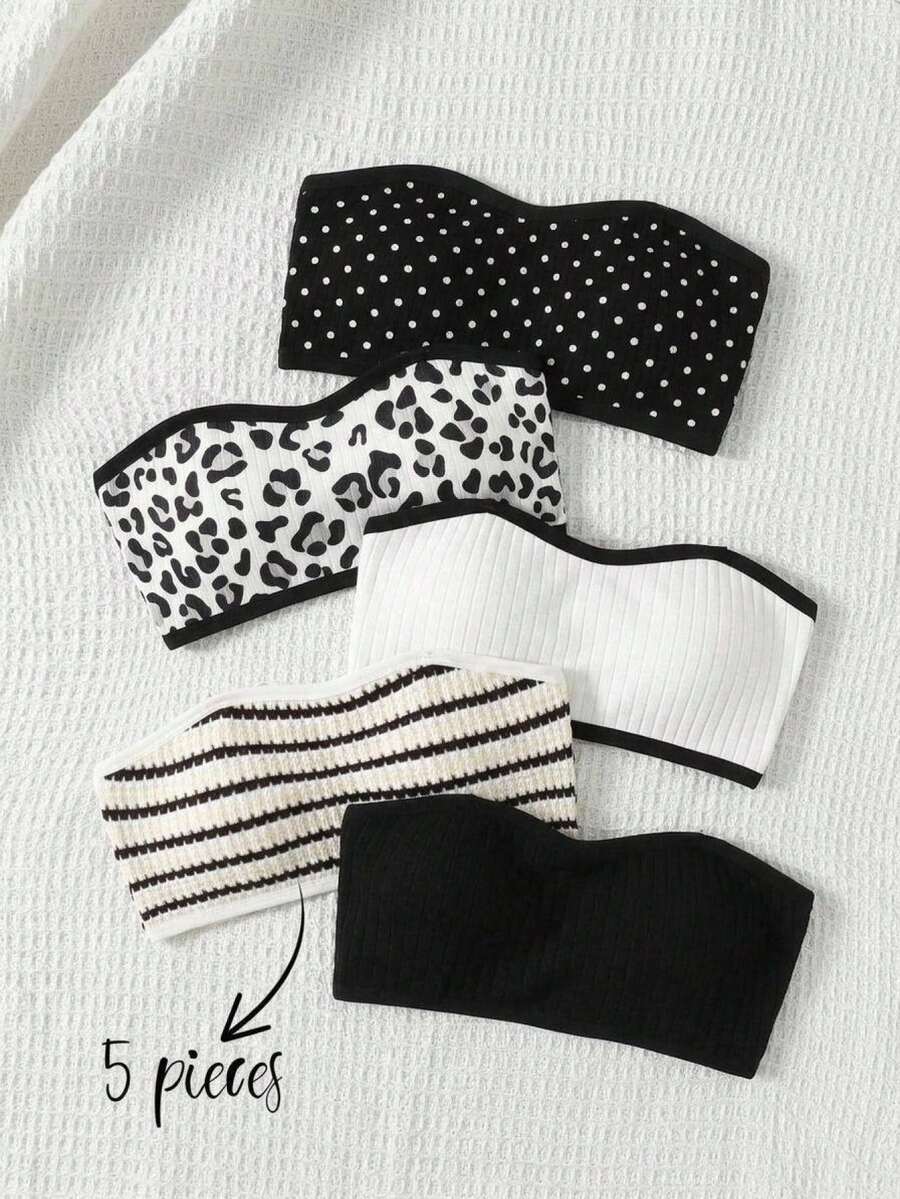 SHEIN Tween Girl Tween Girl Simple Solid Color Striped Comfortable Soft Skin-Friendly Bandeau Bra With Padding, 2pcs Set - Multicolor - View 1