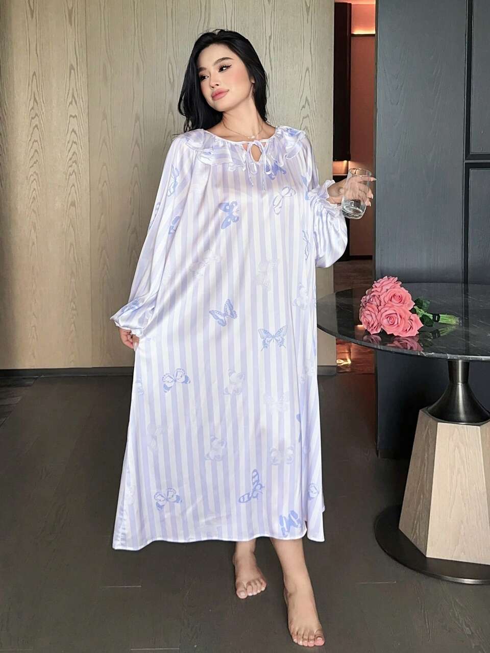 Dazy Plus Bow Print All-Over Floral Stripe Ruffle Collar Tie-Up Elegant Loose Long Loungewear Nightgown For Spring Summer Autumn