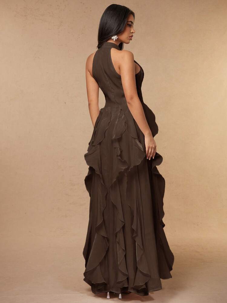 Silquee Women's Solid Color Patchwork Ruffle Waist Elegant Halter Neck Dress - Brown - View 2