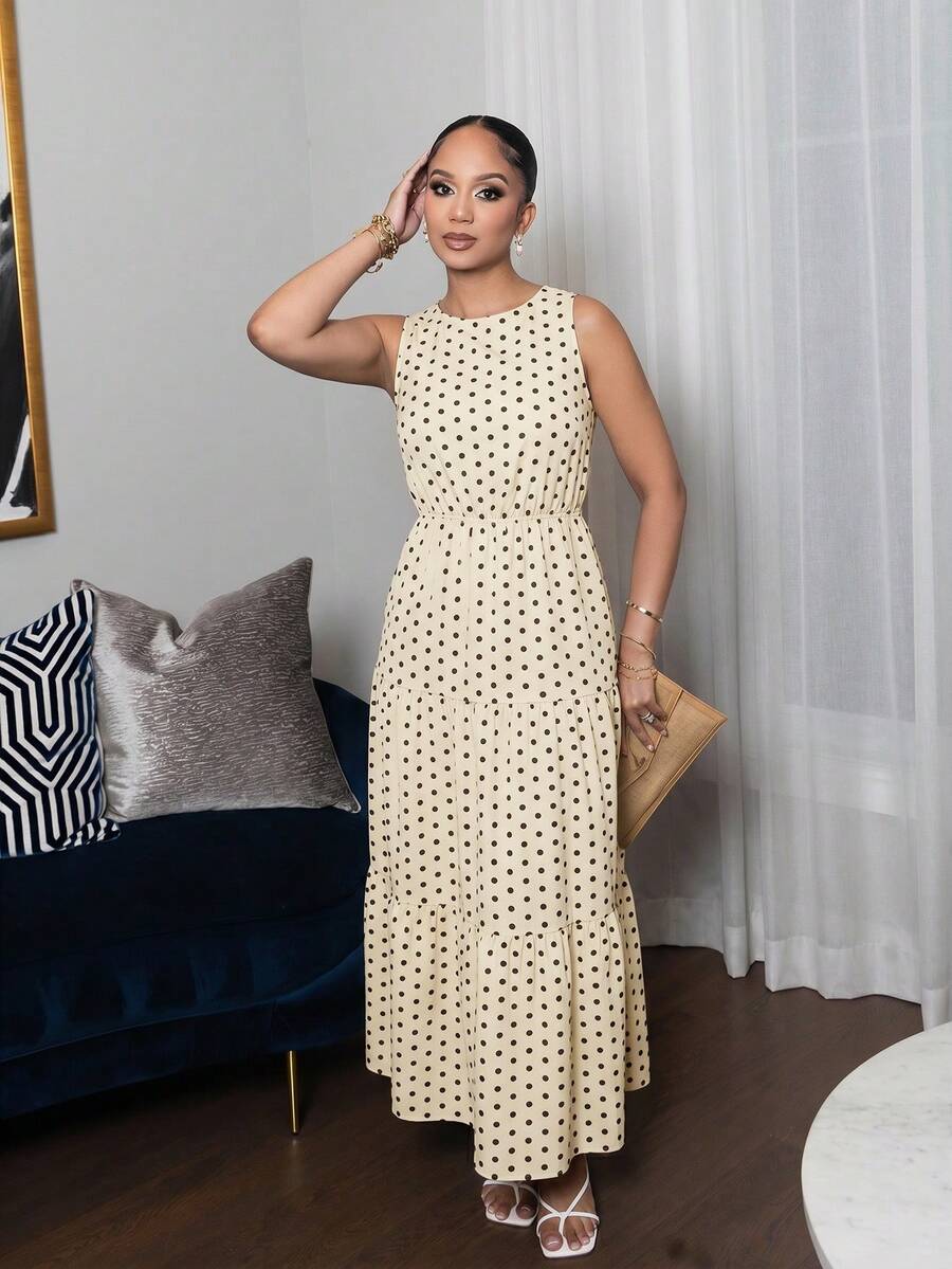 Melissa Matos Polka Dot Sleeveless Ruffle Hem A-Line Dress Maxi Women Outfit Elegant - Beige - View 1