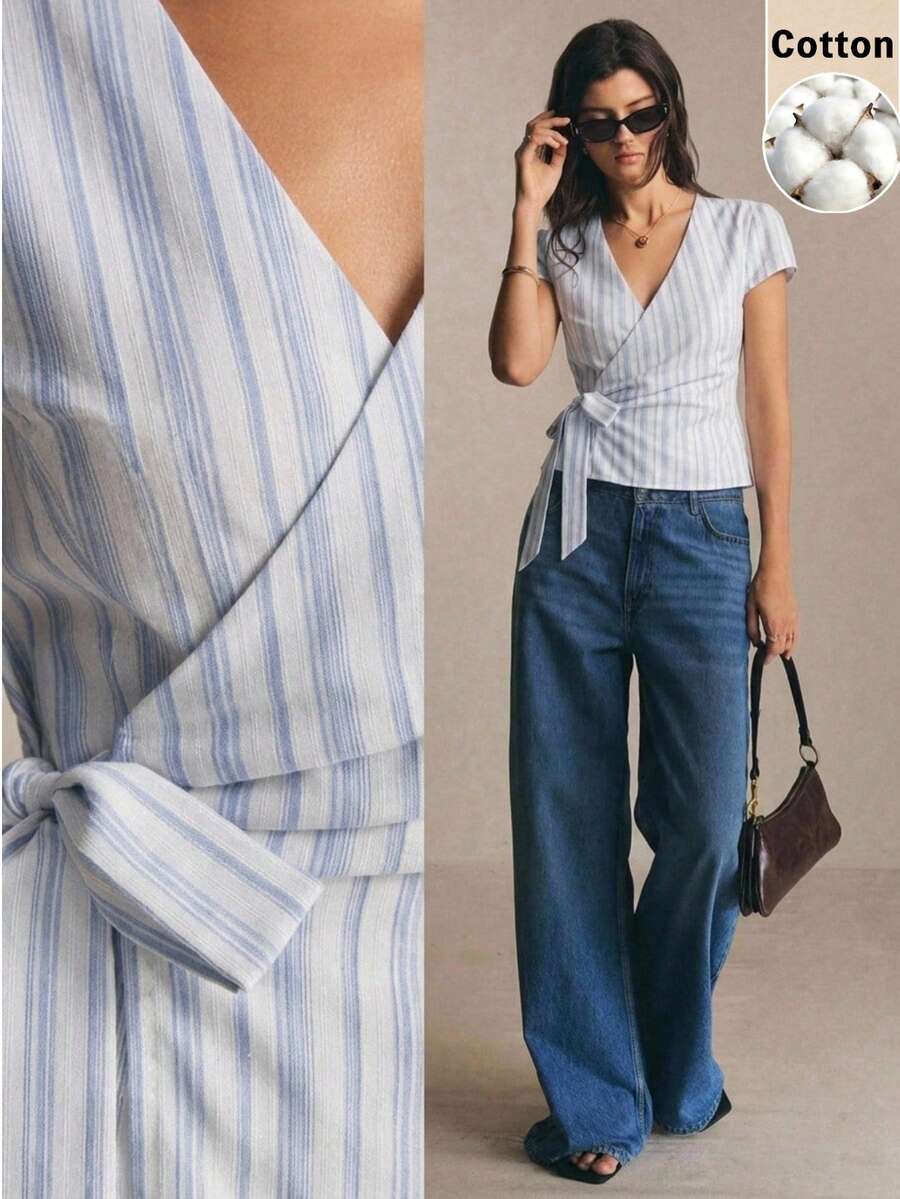 Poéselle 女款夏季休閒條紋前綁帶式裹身襯衫