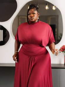CurvyTilda Plus Size Comfortable Casual Elegant Vacation Minimalist Versatile Daily Wear Waist Ruched Stand Collar Elastic Flared Hem Dress For Women, Spring/Summer - Burgundy - View 4