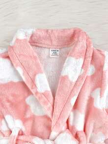 SHEIN 女嬰針織毛絨雲朵圖案翻領休閒收腰家居袍 - 粉色 - 查看 4