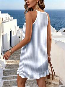 Breezaya Plus Size Summer French Blue And White Stripe Off-The-Shoulder A-Line Dress For Ladies, Sleeveless Asymmetric Ruffle Trim Tropical Holiday Vacation - Multicolor - View 2