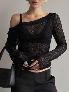 Dazy Tall Women's Asymmetric Shoulder Long Sleeve Textured Semi-Sheer Casual Top Fall - Black - View 8