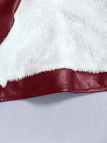 SHEIN PETITE CURVE 大码修身PU皮夹克，带拉链和保暖内衬，黑色PU皮高领法兰绒夹克，PU皮休闲街头风长袖女式常规夹克，适合秋冬季节，皮质抓绒夹克 - 酒紅色 - 查看 8