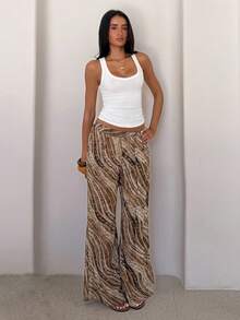 SHEIN Glamour Damen Wellen-Streifen Schlaghose mit hoher Taille und Schnürung vorne, fließende weite Schlaghose, lässige Sommer-Strandhose, Urlaubsstil super Fee Damenhose - Braun - Übersicht 7