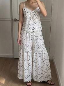 DAZY 甜美碎花蕾絲拼接無袖背心與寬腿褲 2 件套夏季女款睡衣套裝 - 白色 - 查看 4
