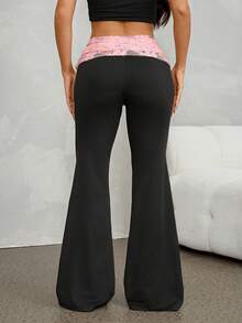 SHEIN PETITE Contrast Color Lace Patchwork Folded Waist Flare Pants - Black - View 2
