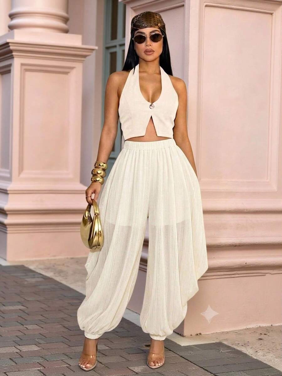 SOLERSUN White Threaded Chiffon Non-Stretch Fabric Elastic Waistband Loose Pleated Trousers Picnic Party Summer Elegant Beach