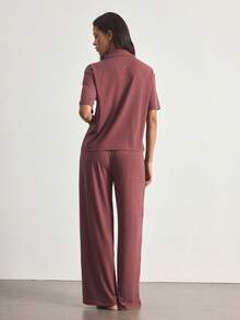 Ocili Conjunto de pijama de mujer cómodo y suave con solapa, manga corta y pantalones largos - Burdeos - Ver 3